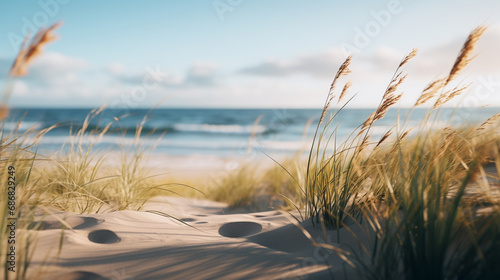 A beach with sand and blades of grass photo