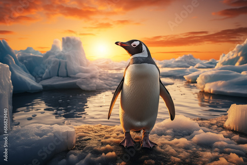 penguin at sunset  melting icebergs in the background  global warming