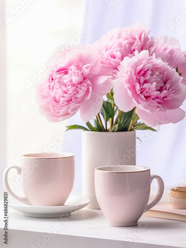 Two cups of tea and bouquet of pink peonies in a vase on a table.