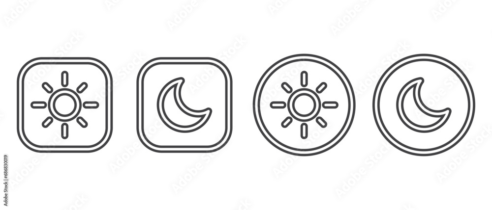 Simple line of Dark mode icon set, dark and light screens mode. Screen modes icons set. Screen brightness and contrast level control icons. Day night switch. Vector Illustration Simple line of Dark mode icon set, dark and light screens mode. Screen modes icons set. Screen brightness and contrast level control icons. Day night switch. Vector Illustration