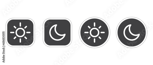 Light and Dark mode buttons vector icons set. Light and dark mode round, Dark mode icon set. Day and night, dark and light modes. Screen modes icons set. 