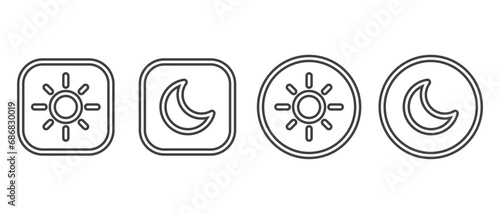 Simple line of Dark mode icon set, dark and light screens mode. Screen modes icons set. Screen brightness and contrast level control icons. Day night switch. Vector Illustration