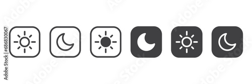 Dark mode icon set, Day and night, dark and light modes. Screen modes icons set. Screen brightness and contrast level control icons. Day night switch. Vector Illustration