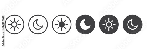Simple icon of Day and night, dark and light modes. Screen brightness and contrast level control icons. Day night switch. Vector Illustration