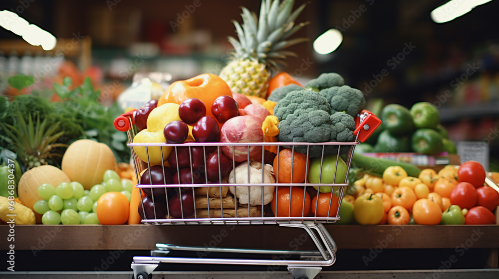 Fruits and vegetables in supermarket carts serve as a visual reminder of the importance consuming healthy food. The arrangement of the fruit and vegetable cart in this photo shows healthy food choices