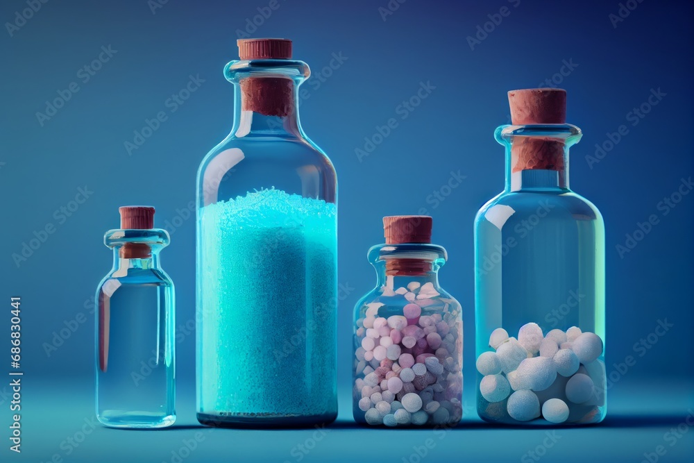 Homeopathy alternative medicine eco concept - classical homeopathy pills. Homeopathic globules and herbs with medical bottles on blue background. Homeopathy alternative medicine eco concept - classical homeopathy pills. Homeopathic globules and herbs with medical bottles on blue background.