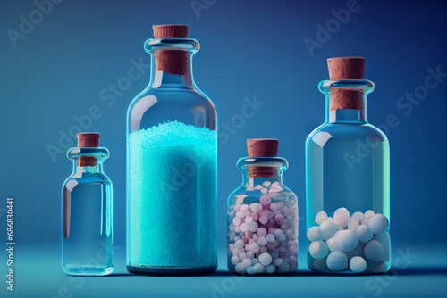 Homeopathy alternative medicine eco concept - classical homeopathy pills. Homeopathic globules and herbs with medical bottles on blue background.