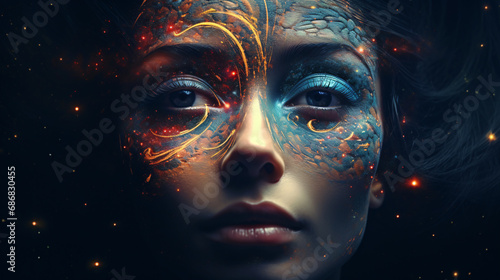 A young girl's face showing her emotions or how she views the world. The background is a beautiful display of distant starlight that expresses the mystery and excitement of the universe. Both of these
