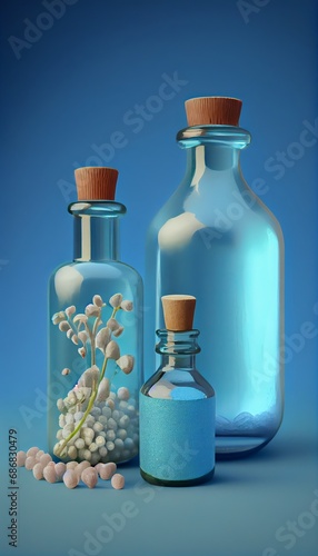 Homeopathy alternative medicine eco concept - classical homeopathy pills. Homeopathic globules and herbs with medical bottles on blue background.