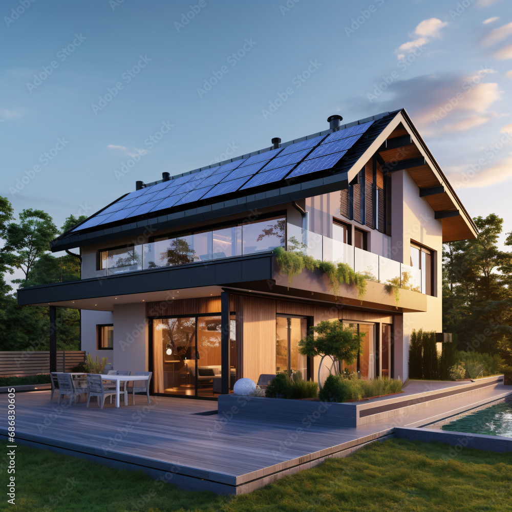 A modern home with solar panels is a symbol of the use of new technology to create clean, sustainable energy. To reduce energy use from sources that have an impact on the environment.