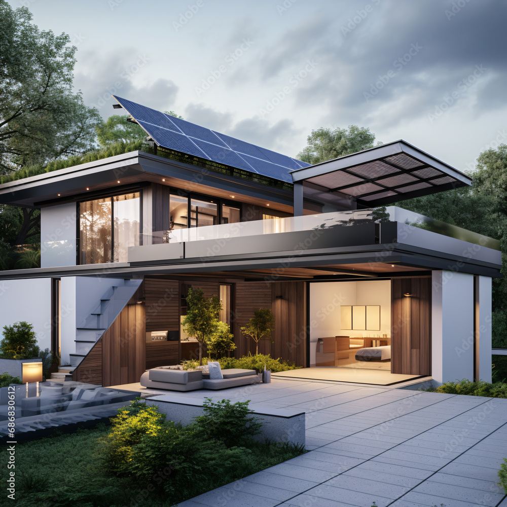 A modern home with solar panels is a symbol of the use of new technology to create clean, sustainable energy. To reduce energy use from sources that have an impact on the environment.