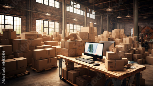 A warehouse full of boxes of merchandise ready for delivery. The image perfectly represents the size of the warehouse space and the number of boxes waiting to be shipped out. Seeing a warehouse full. photo