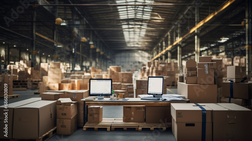 A warehouse full of boxes of merchandise ready for delivery. The image perfectly represents the size of the warehouse space and the number of boxes waiting to be shipped out. Seeing a warehouse full. © peerapong