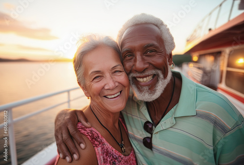 Pareja mayor de 60 años abrazados y felices en un barco realizando un crucero al atardecer por el mediterraneo © Helena GARCIA