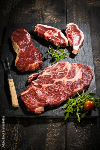 Raw meat, roast beef , american chuck eye steak and lamb chop
