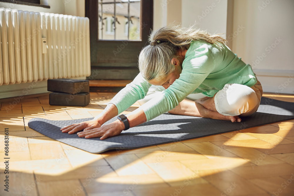 Woman exercising on exercise mat over floor in living room Woman exercising on exercise mat over floor in living room