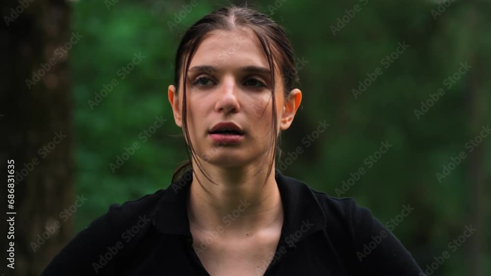 Face, sweat and fitness with a sports woman breathing while feeling tired after an exercise or workout. Exhausted, sweating woman outdoors in park