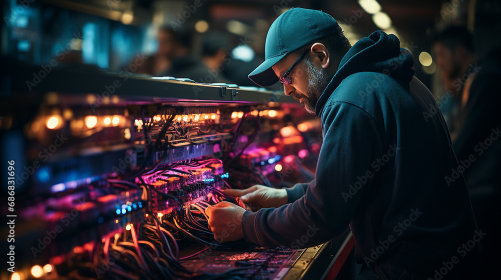 Skilled Workers Setting Up and Maintaining Fiber Optic Systems for Seamless Communication. Generative AI. Skilled Workers Setting Up and Maintaining Fiber Optic Systems for Seamless Communication. Generative AI.