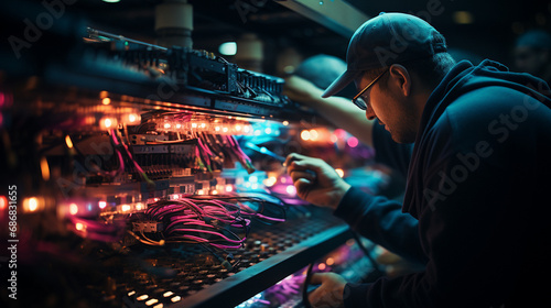 Professional Technicians Managing Fiber Optic Network Infrastructure. Generative AI. © Ramon