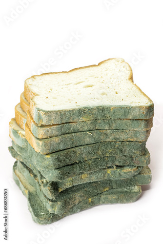 Fungal bread isolated on white background. Biodegradable food waste concept. photo