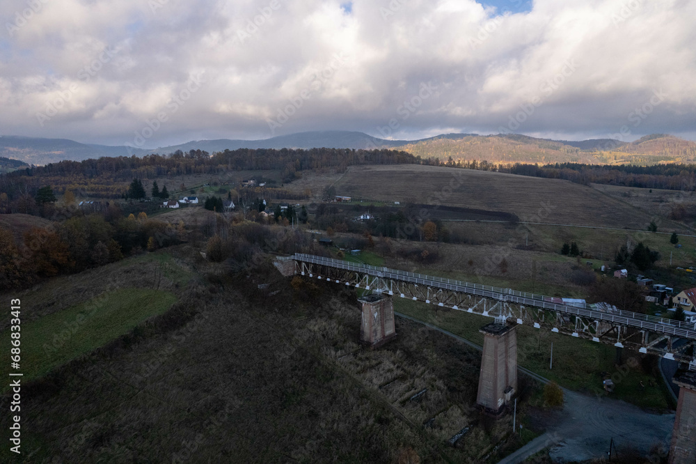 Naklejka premium Southern Poland landscape, mountains, autumn, day, sun, sky, clouds, Klodzka Basin, dramatic and majestic scenery