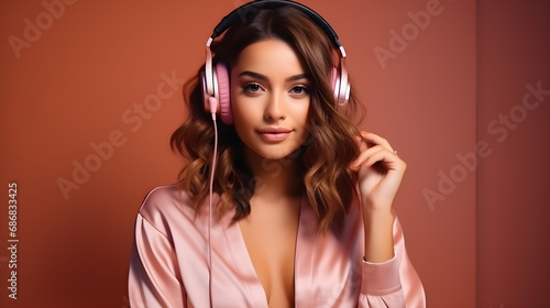 Adolecente latina escuchando musica, fiesta en color rosa
