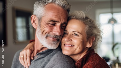 Middle-aged couple shows affection in their cozy home.