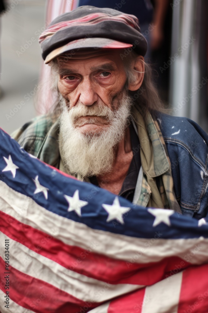A homeless, impoverished man wrapped in the American flag like in blanket, sits on the street - a poignant depiction of societal challenges, poverty, and the struggle for basic necessities. A homeless, impoverished man wrapped in the American flag like in blanket, sits on the street - a poignant depiction of societal challenges, poverty, and the struggle for basic necessities.