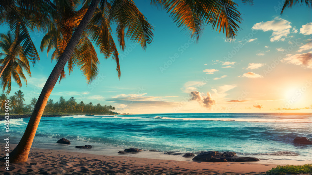 Palm sandy beach sunrise, copy space for text. Beautiful sunrise over a tropical beach.