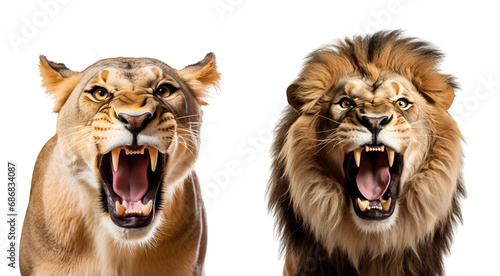 Aggressive Lioness and Angry Lion - A Set of Savannah Predators, Isolated on Transparent Background, PNG