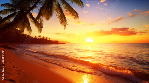 Beautiful sunset over the sea overlooking palm trees on the white beach of the Caribbean island .