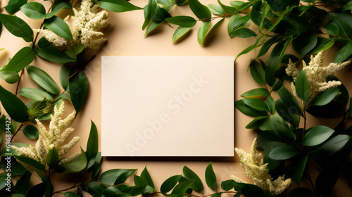 Green leaves and  sheet of paper on a white background. Tree branches with leaves, blank cards. Nature big banner, organic poster, ecology mockup. Top view, flat lay, close up, copy space