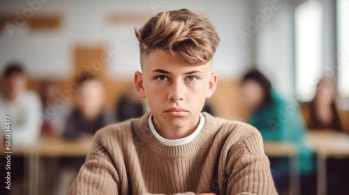 In a classroom setting, a solitary, sad teen boy gazes at the camera while seated at a table.