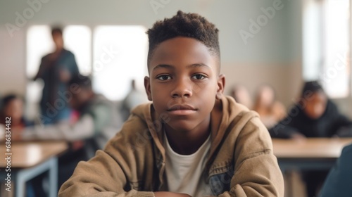 A sense of isolation is conveyed as a sad teen boy sits alone at a table in a classroom, looking at the camera.