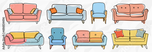 Lineart-Zeichnungen von bunten Sessel und Sofas