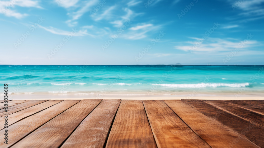 Empty wooden table or pier with sunny beach and sea on background. With copy space for your product. Empty wooden table or pier with sunny beach and sea on background. With copy space for your product.