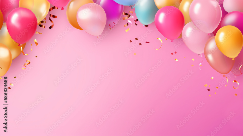 Colorful carnival or holiday frame made of balloons, streamers and confetti on pink background with copy space.