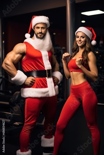 Santa Claus fitness trainers. A muscular man and woman in a gym
