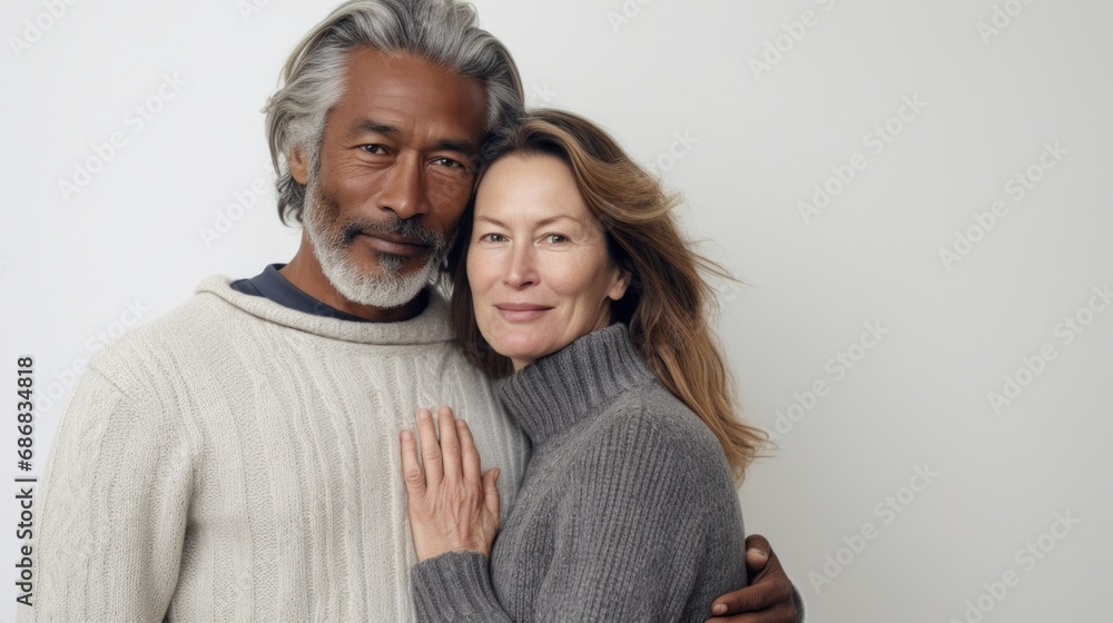 In the quietude of home, a couple in their 50s embraces with affection. In the quietude of home, a couple in their 50s embraces with affection.