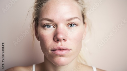 Nordic Scandinavian woman with flawed skin poses against a beige backdrop, gaze fixed on the camera.