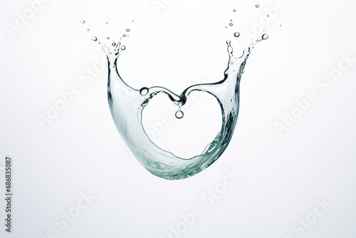 Splashes and drops of water form a heart shape on a light background.