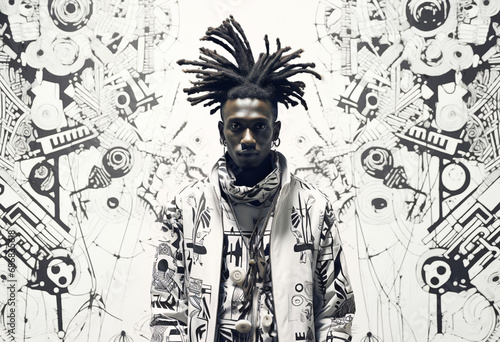 Man with dreadlocks in front of black and white graffitti  photo