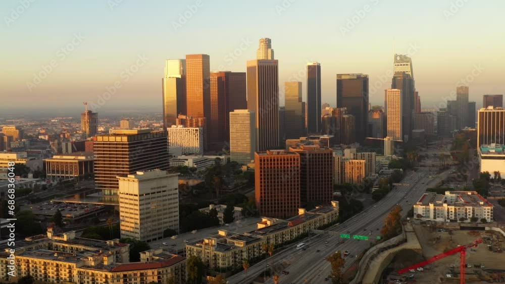 Aerial of the tall buildings of downtown Los Angeles at dawn Aerial of the tall buildings of downtown Los Angeles at dawn
