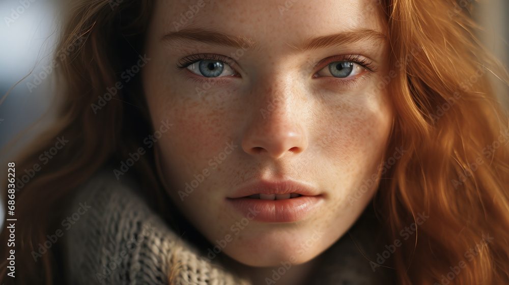 Portrait, nordic model, asymmetric face, realistic, close-up, intense, natural lighting, muted colors, analog camera, bokeh Portrait, nordic model, asymmetric face, realistic, close-up, intense, natural lighting, muted colors, analog camera, bokeh