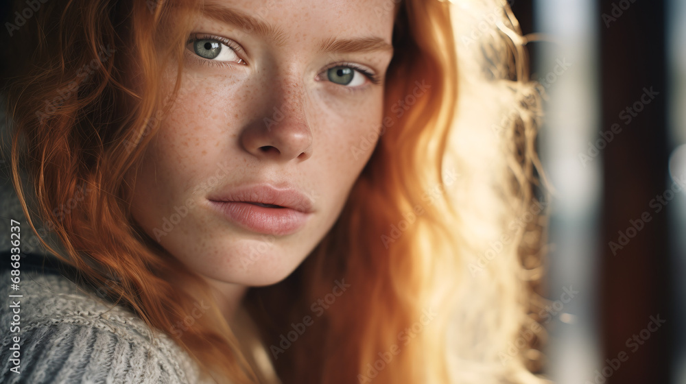 Portrait, nordic model, asymmetric face, realistic, close-up, intense, natural lighting, muted colors, analog camera, bokeh Portrait, nordic model, asymmetric face, realistic, close-up, intense, natural lighting, muted colors, analog camera, bokeh