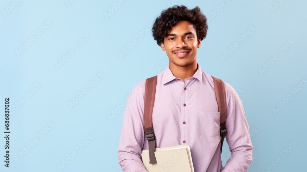 A cheerful mixed-race student poses happily with a backpack and books in hand, gazing at the camera. A cheerful mixed-race student poses happily with a backpack and books in hand, gazing at the camera.
