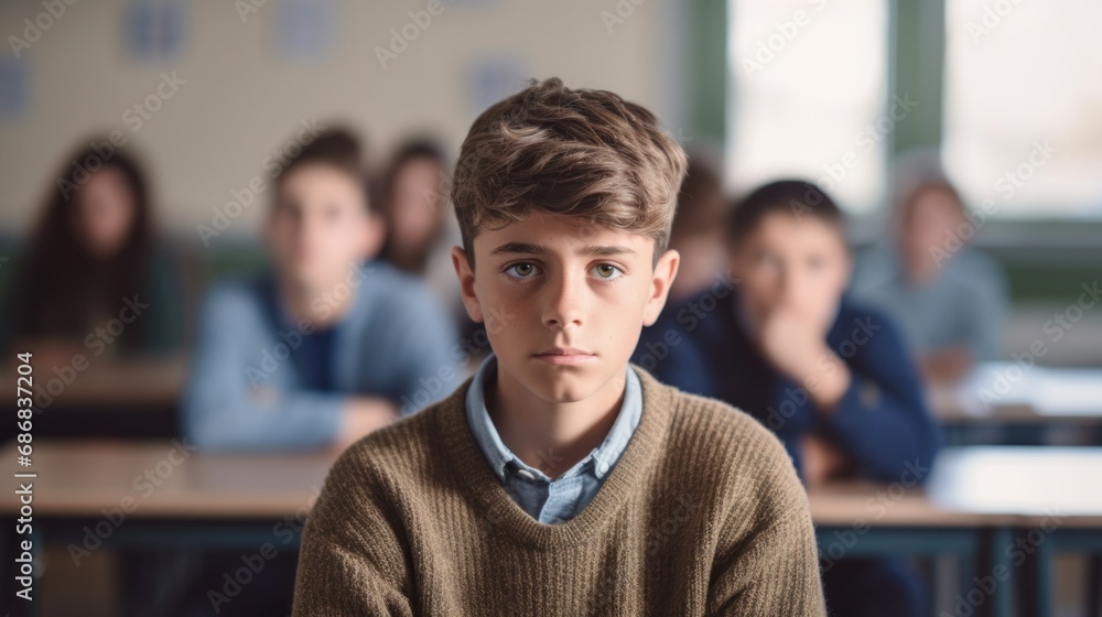Conveying a sense of isolation, a sad teen boy sits by himself at a classroom table, looking at the camera. Conveying a sense of isolation, a sad teen boy sits by himself at a classroom table, looking at the camera.