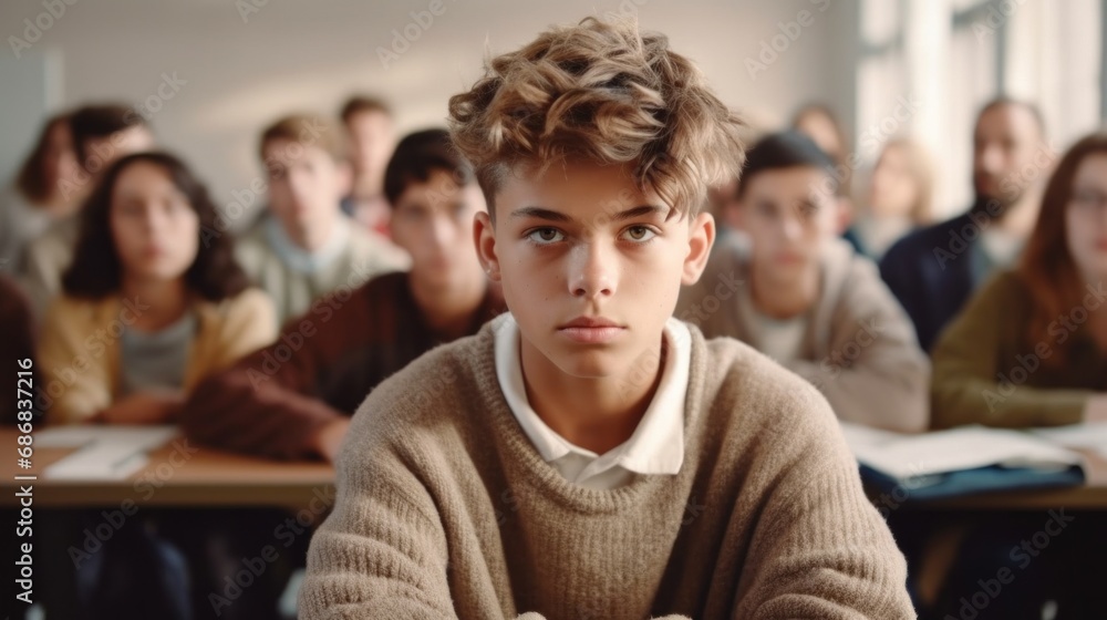 A lonely teenager sits alone in a classroom, sadness evident in his eyes as he gazes at the camera. A lonely teenager sits alone in a classroom, sadness evident in his eyes as he gazes at the camera.