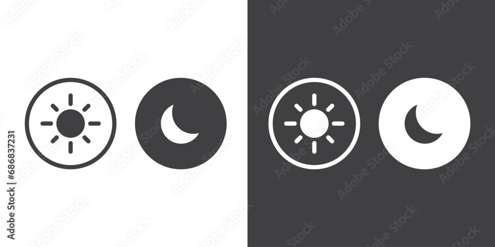 Flat icon of Dark mode, Day and night, dark and light modes icon vector. Screen brightness and contrast level control icons. Dark mode switch. Vector Illustration - obrazy, fototapety, plakaty 