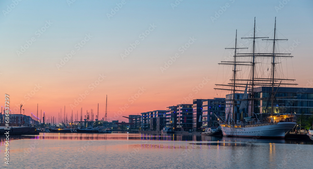Beautiful sunset view of the Bremerhaven harbour